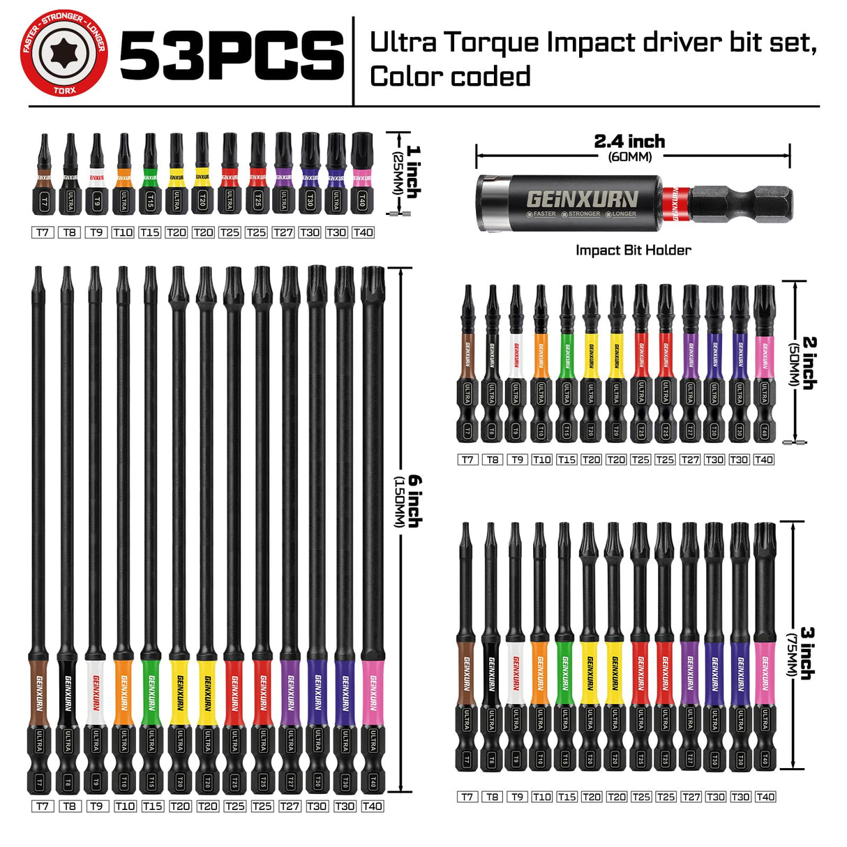 Geinxurn Impact Torx Screwdriver Bits Set, 52Pcs Magnetic(T7-T40) S2 Steel 1”/2”/3”/6” Long Extension Multi Star Driver Bits and 1Pc Bit Holder with Color Coded Base