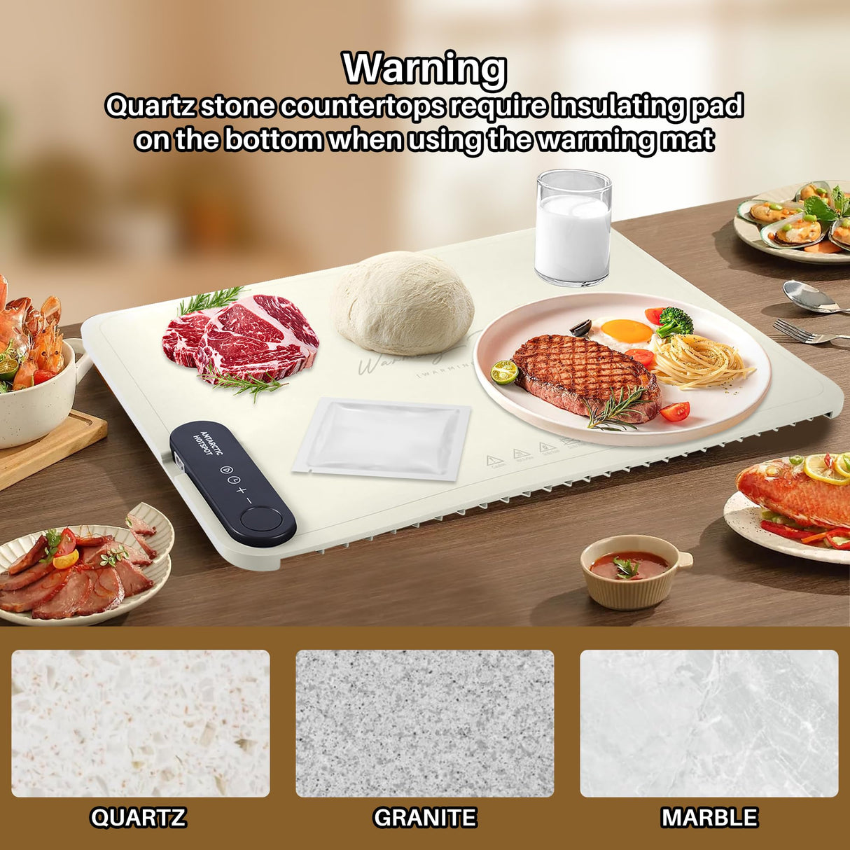 Revolutionary Rollable Full Surface Heating Warming Mat for Food Party Buffet Daily Use, Portable Electric Silicone Defrosting Tray, Hot Plate Keep Food Warm (Beige)