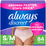 Always Discreet Adult Incontinence Underwear for Women and Postpartum Underwear, S/M, Up to 100% Bladder Leak Protection, 84 Count (Packaging May Vary)