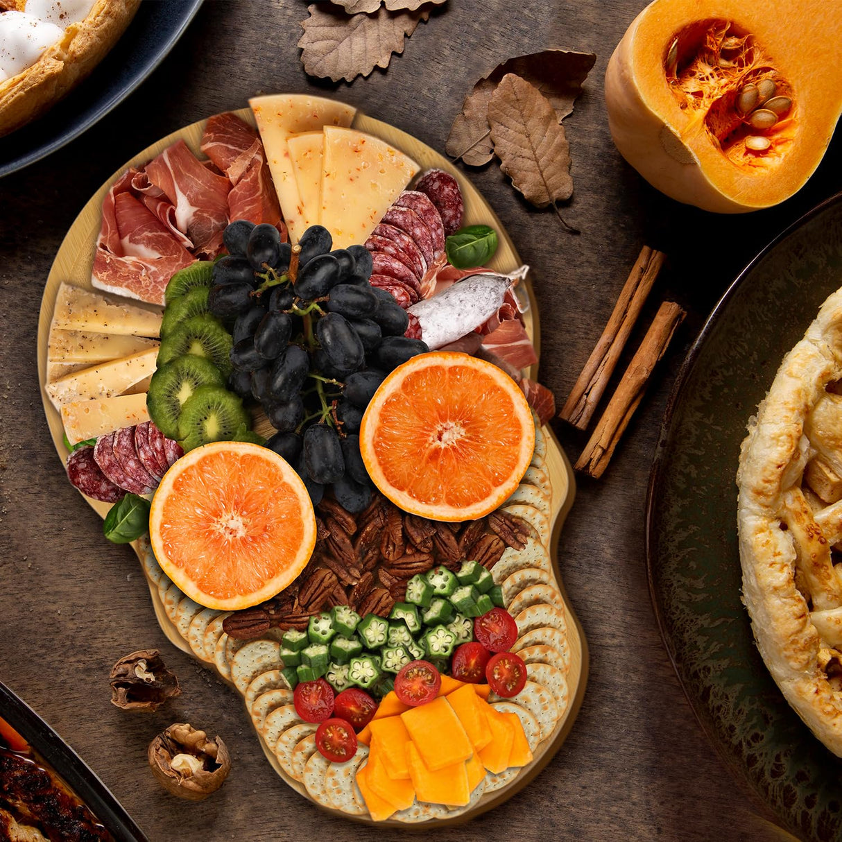 Funny Skull Aperitif Board XILAZAB Unique Large Bamboo Wood Halloween Charcuterie Cheese Cutting Board Spooky Skeleton Decorative Serving Platter Tray for Thanksgiving Christmas Housewarming Party