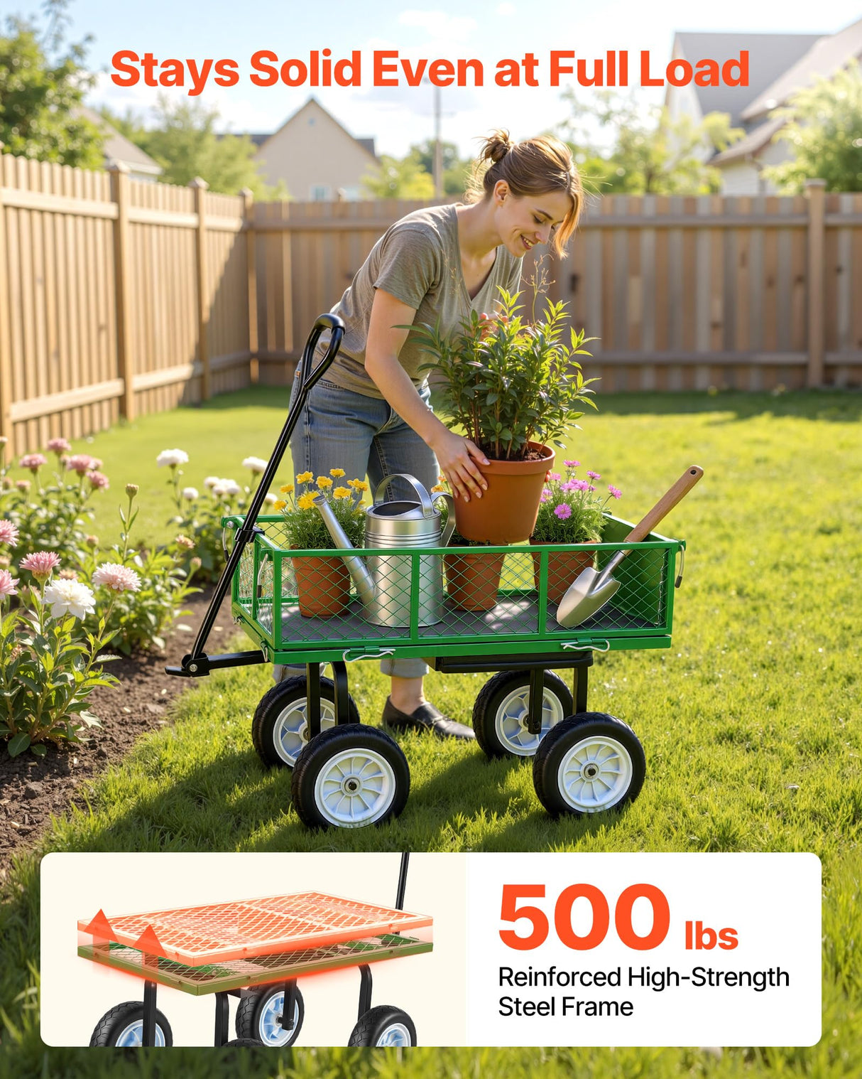 VEVOR 500 LBS Steel Garden Cart with Work Seat, Heavy Duty Garden Wagon Cart on Wheels, Outdoor Metal Utility Yard Wagon Gardening Stool with 10inch Flat Free Tires & Adjustable Handle, Green