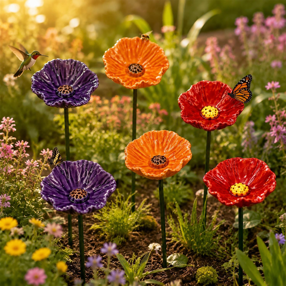Handmade Ceramic Mini Pollinator Water Station – Colorful Flower Stake, Bee & Butterfly Feeder, Miniature Hummingbird Bath, Outdoor Garden Art Gift for Nature Lovers (6-Pack)