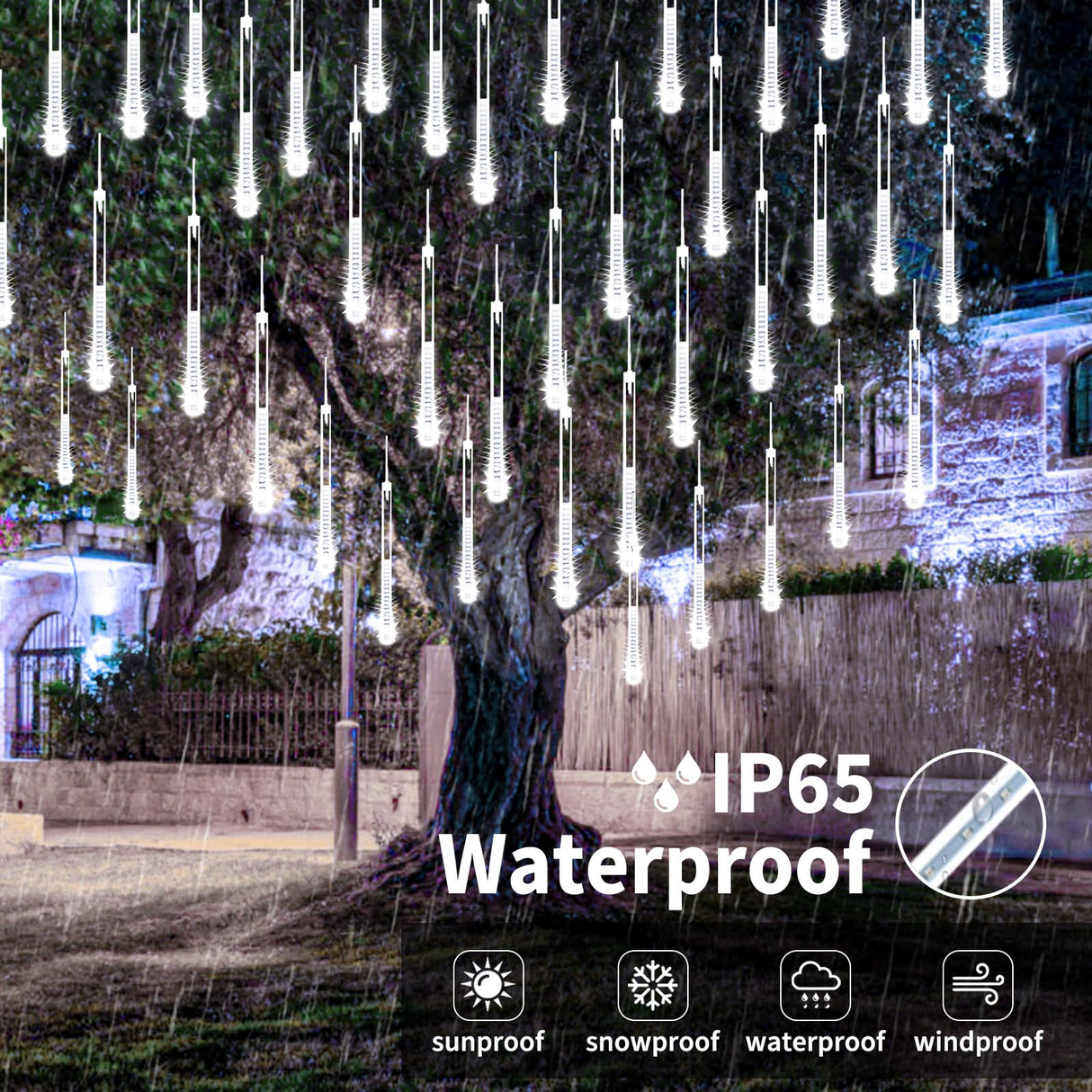 Solar Meteor Shower Lights,Solar Christmas Lights Outdoor Waterproof,16 Tubes 384 LEDs (Equivalent to 2 Sets of 8-Tube) Icicle String Light,LED Rain Drop Light for Tree Garden Decoration (Cool White)