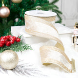 LIZLOVESS Champagne Gold Velvet Wired Ribbon 2.5" X 10 Yards with Glitter Border Stripe Christmas Ribbon for Tree, Wreath Supplies, Garlands Making
