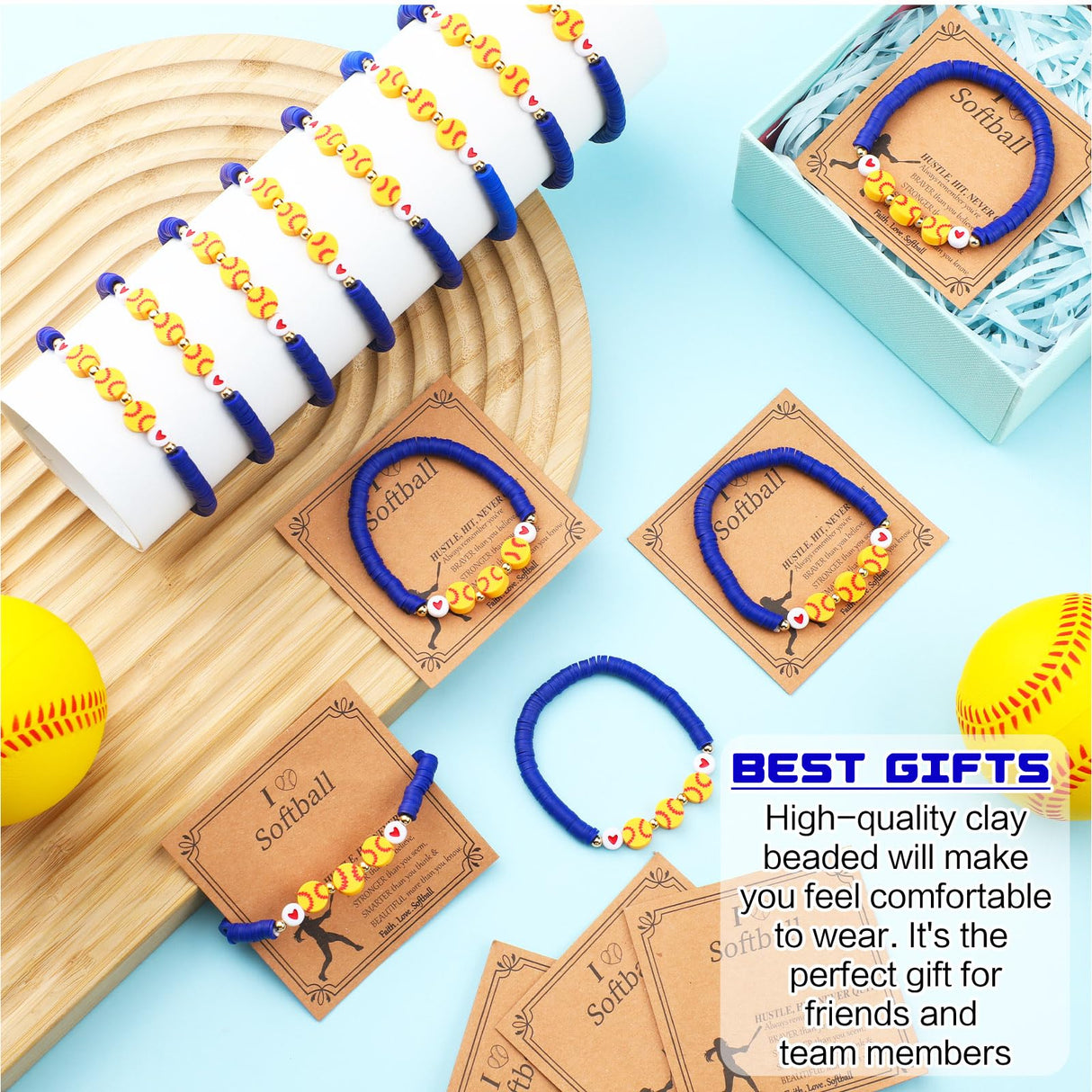 Ecation 20 Set Softball Bracelets Team Gift Bulk Softball Senior Night Adjustable Bead Ball Charm Bracelet with Inspirational Card for Sport Team Sport Lovers Player Gifts Birthday Party(Blue)