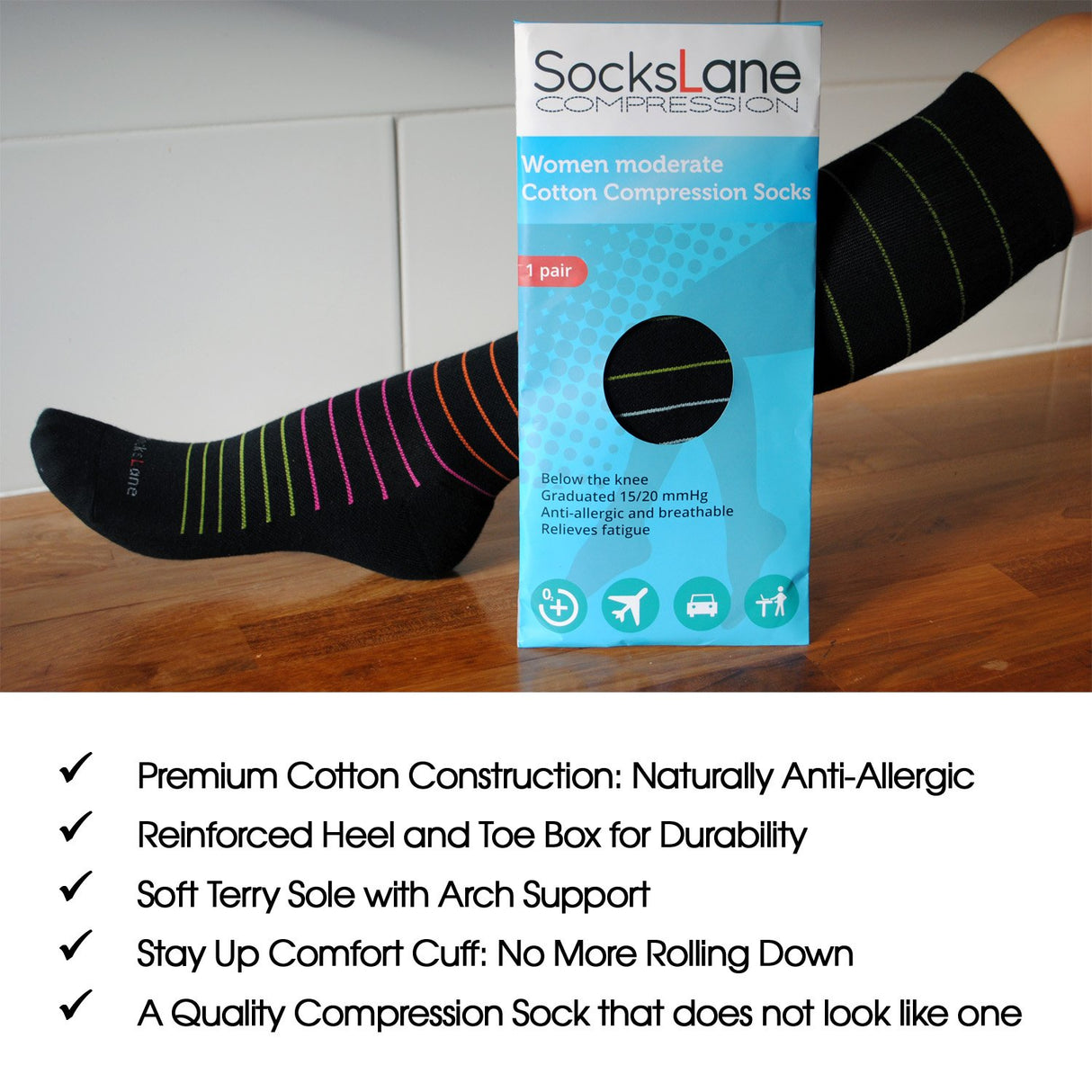 SocksLane Cotton Compression Socks for Women & Men. 15-20 mmHg Support Knee-High Nude Stripes S/M