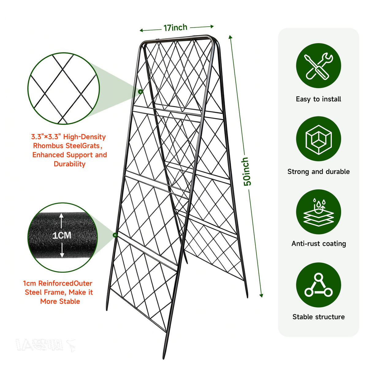 50"x17" Heavy Duty Metal Garden Trellis - Rust-Proof A-Frame Cucumber Trellis with High-Density Rhombus SteelGrats for Climbing Plants, Tomatoes & Raised Beds, Outdoor Use (2 Pack)