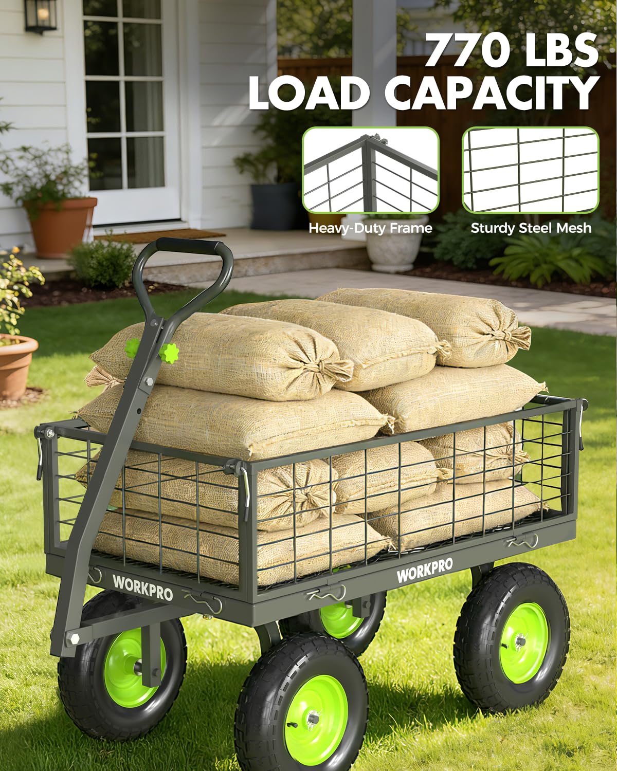 WORKPRO Large Heavy Duty Garden Cart 770 lb, 2-in-1 Convertible Utility Wagon with Removable Sides, 180° Tow Handle for ATV or Lawn Tractor, 270° Steering, Extra Large Yard Cart with All Terrain Tires