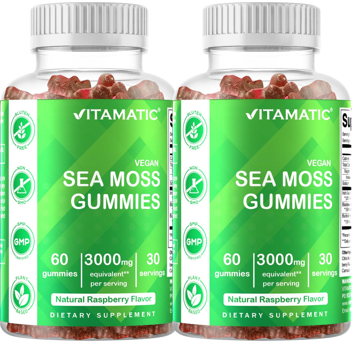 Vitamatic Irish Sea Moss Gummies – 3000 mg Equivalent Per Serving (from Extract 132.5 mg) – 60 Ct – Made with Bladderwrack & Burdock Root – 2 Pack