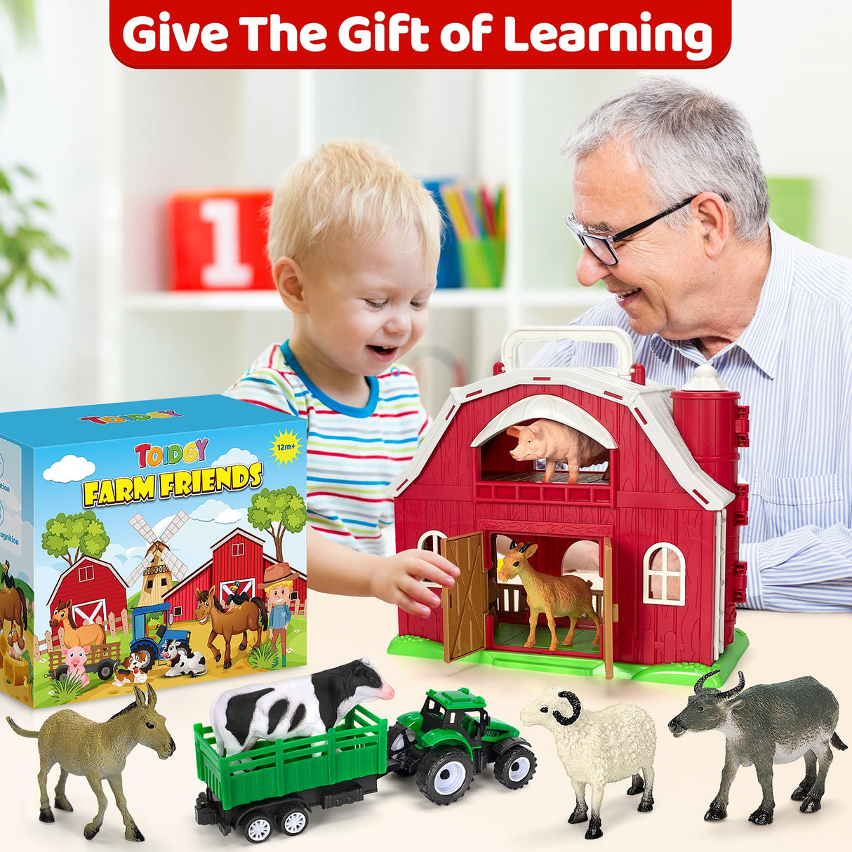 Farm Animals Toys for 1 2 3 4 5 Year Old Toddlers Girls Boys, Big Red Barn Farm Playset with Figures Animals and Tractor Toy for Kids 3-5, Educational Learning Toys, Christmas Birthday Easter Gifts