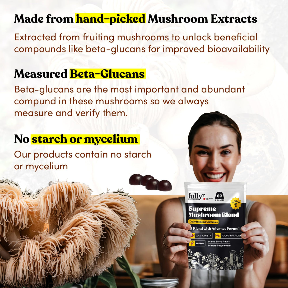 16 in 1 Blend Mushrooms Gummies for Adults - Lion's Mane Mushroom Supplement, Focus Gummies with Lions Mane, Lion's Mane Gummies for Adults, Natural Mushroom Supplement for Cognitive Support & Clarity