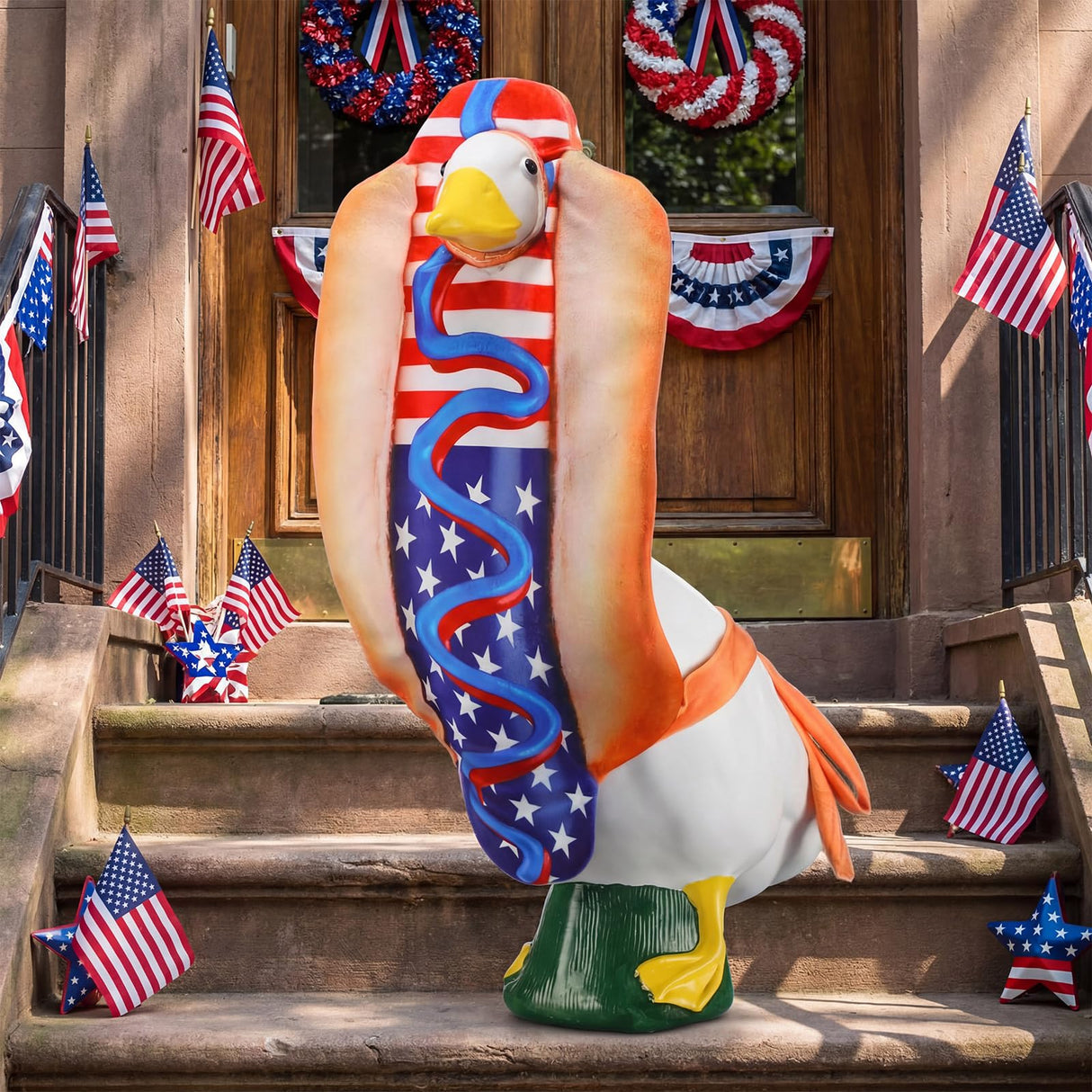 Tudomro 4th of July Porch Goose Outfit for 23" H 250th Anniversary Hot Dog Patriotic Goose Clothes American Flag Fits Independence Day Large Cement Statue Outdoor Patio Garden Yard Lawn Costume Decor