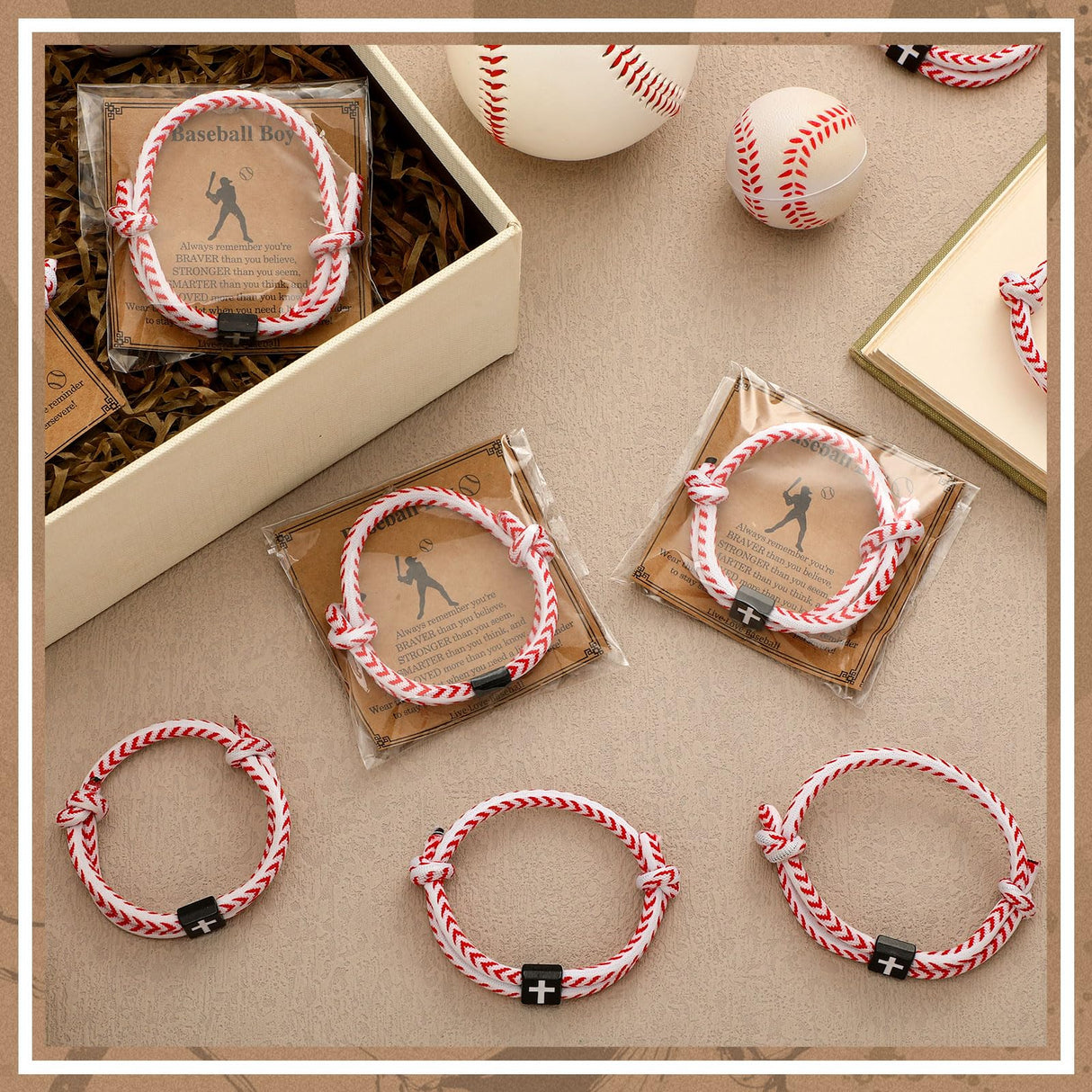 Tondiamo 12 Set Football Basketball Softball Baseball Volleyball Team Gifts Braided Christian Cross Bracelet for Men Women(Baseball)