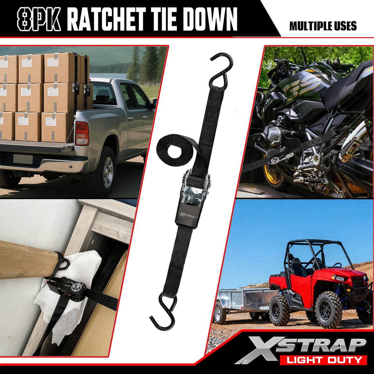 XSTRAP STANDARD Ratchet Tie Down Straps 8PK 1'' x 10 ft - 900 LB Break Strength Cargo Straps for Moving Appliances, Lawn Equipment, Motorcycle (Black)
