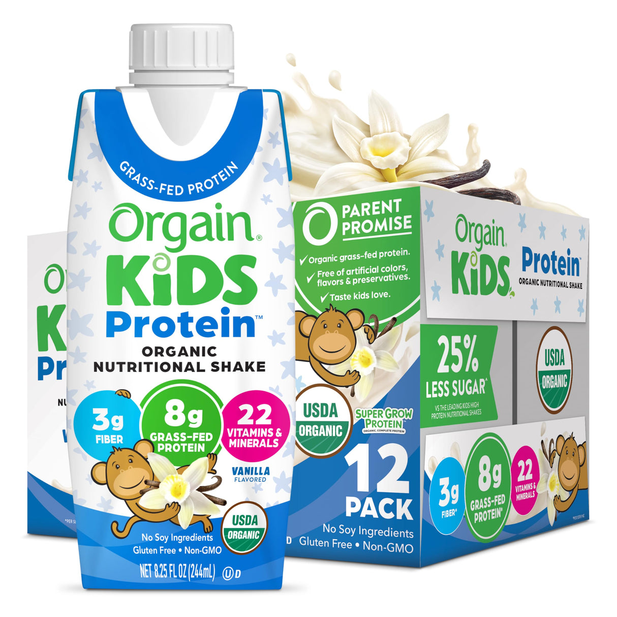 Orgain Organic Kids Protein Nutritional Shake, Vanilla - 8g of Protein, 22 Vitamins & Minerals, Fruits & Vegetables, Gluten Free, Soy Free, Non-GMO, 8.25 Oz, 12 Ct (Packaging May Vary)