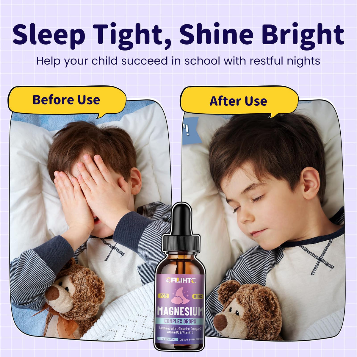 Kids Magnesium Liquid Drops-Magnesium Glycinate Liquid for Kids Supplement-w/L-theanine, Omega-3, Vitamin B6, D3 - for Sleep, Relaxation, Brain, Bones - 2 Fl Oz Children's Calm, Strawberry Flavor