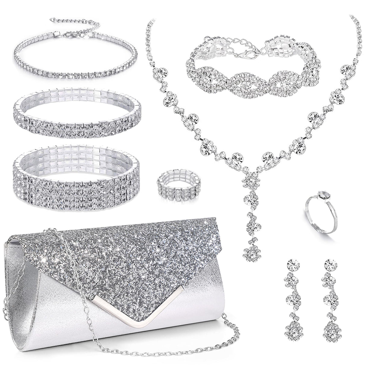 MEDOJO 10Pcs Silvery Rhinestone Jewelry Set for Women Bride Wedding Prom Jewelry Evening Rhinestone Sparkly Clutch Purse Bag Necklace Tennise Layered Bracelets CZ Ring Crystal Drop Earring Set