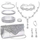 MEDOJO 10Pcs Silvery Rhinestone Jewelry Set for Women Bride Wedding Prom Jewelry Evening Rhinestone Sparkly Clutch Purse Bag Necklace Tennise Layered Bracelets CZ Ring Crystal Drop Earring Set