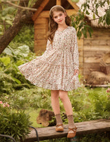 GRACE KARIN Girls Dresses Size 10-12 Kids Fall Winter Christmas Party Long Sleeve Holiday Hawaiian Floral Dress Apricot