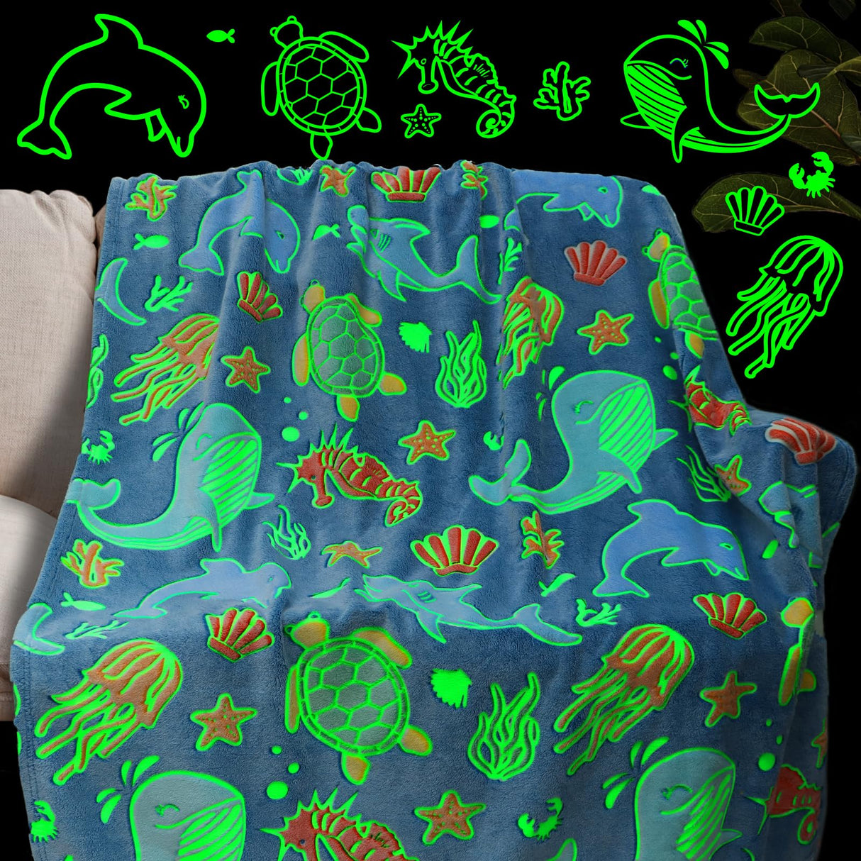 Gifts for Boys Ocean Glow in The Dark Blanket for Girls Kids Turtle Fish Soft Throw Blanket for Couch Bed Birthday Christmas 50" x 60"
