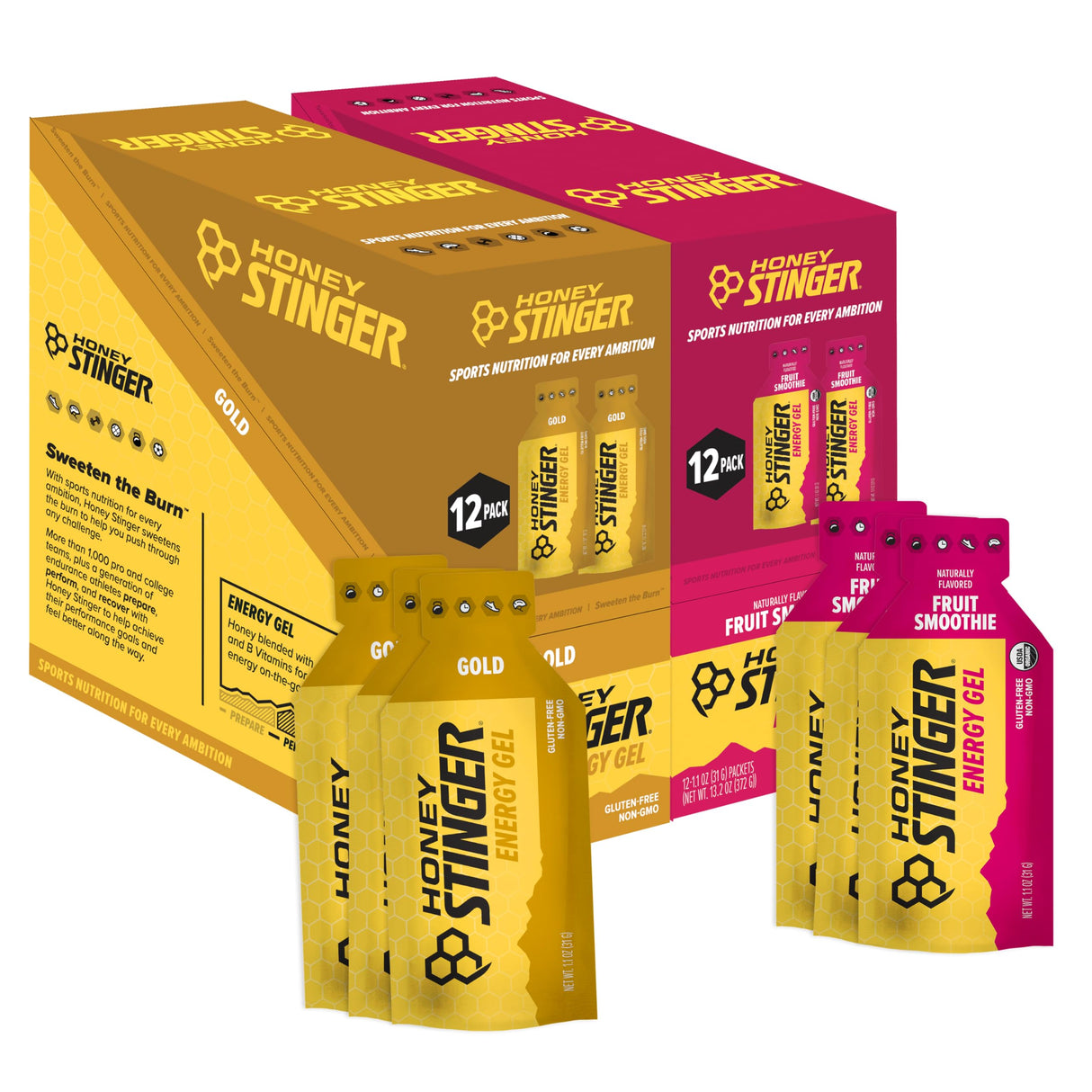 Honey Stinger Energy Gel Variety Pack 12 Packs Each of Gold and Organic Fruit Smoothie Gluten Free & Caffeine Free Sports Nutrition for Home & Gym, Pre and Mid Workout