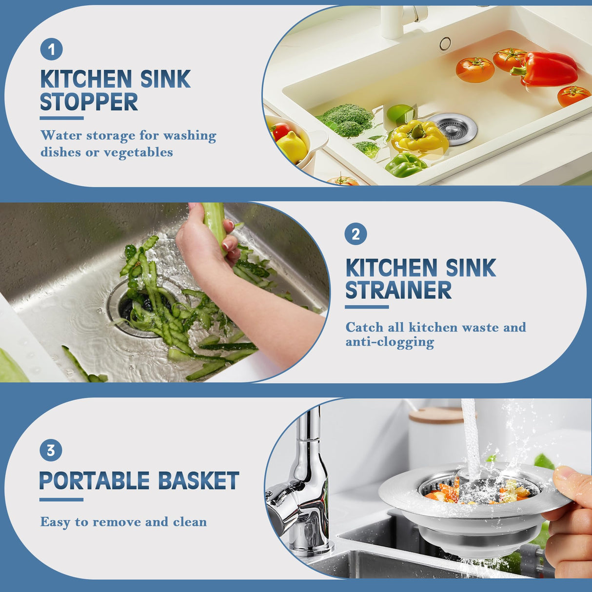 Kitchen Sink Drain Strainer 2 Pack, 304 Stainless Steel Pop Up Sink Stopper, Anti-Clogging Sink Drain Strainer for US Standard Kitchen Drain (SUS304 Brushed)