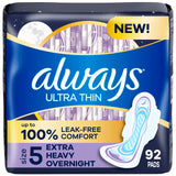 Always Ultra Thin Feminine Pads with Wings for Women, Size 5, Extra Heavy Overnight Absorbency, Unscented, Up to 100% Leak-Free Comfort, 92 Count