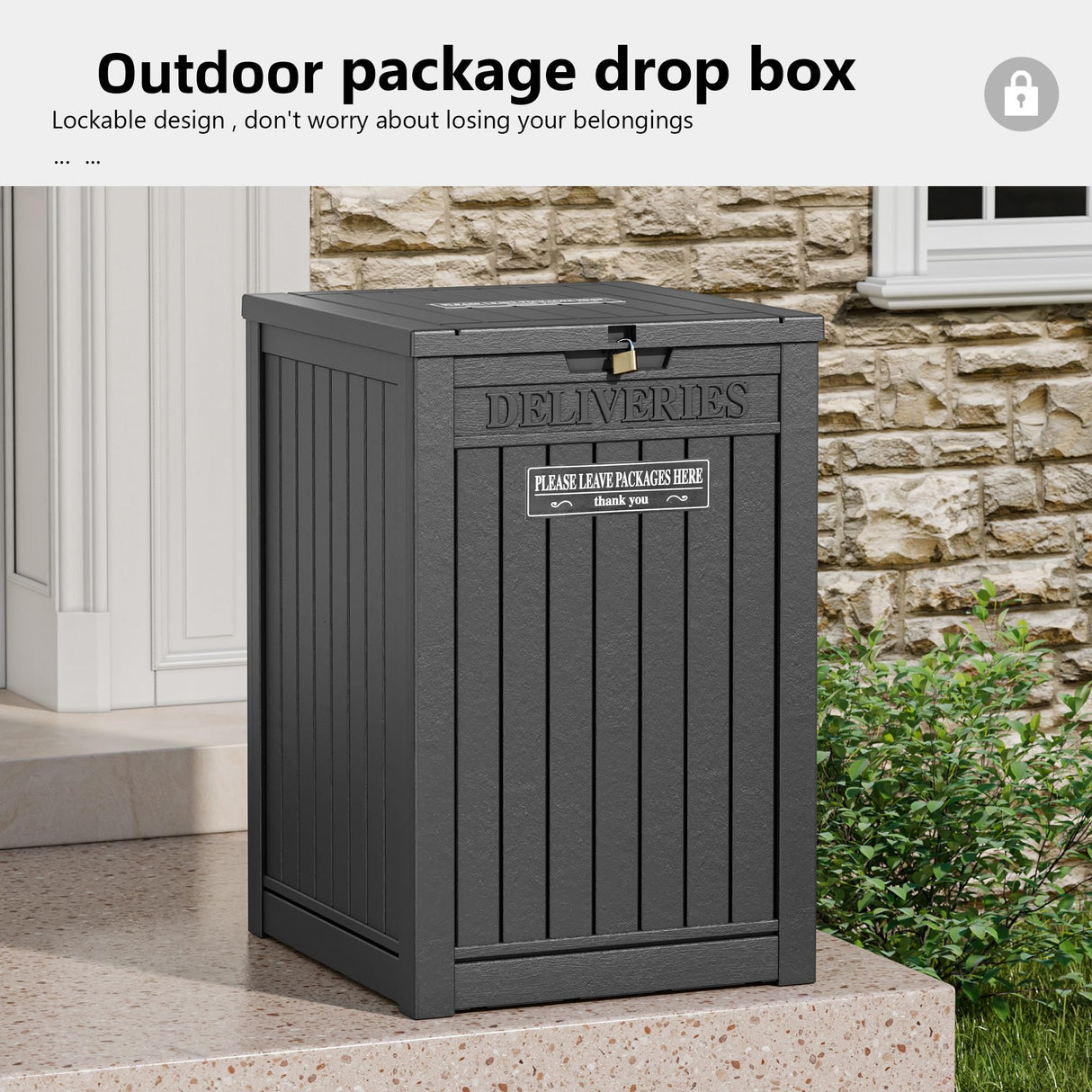 GULAIMOAO Package Delivery Box for Outside, Storage Box with Lockable Secure, Outdoor Resin Package Drop Container Waterproof for Backyard, Garden, Patio & Lawn, Black