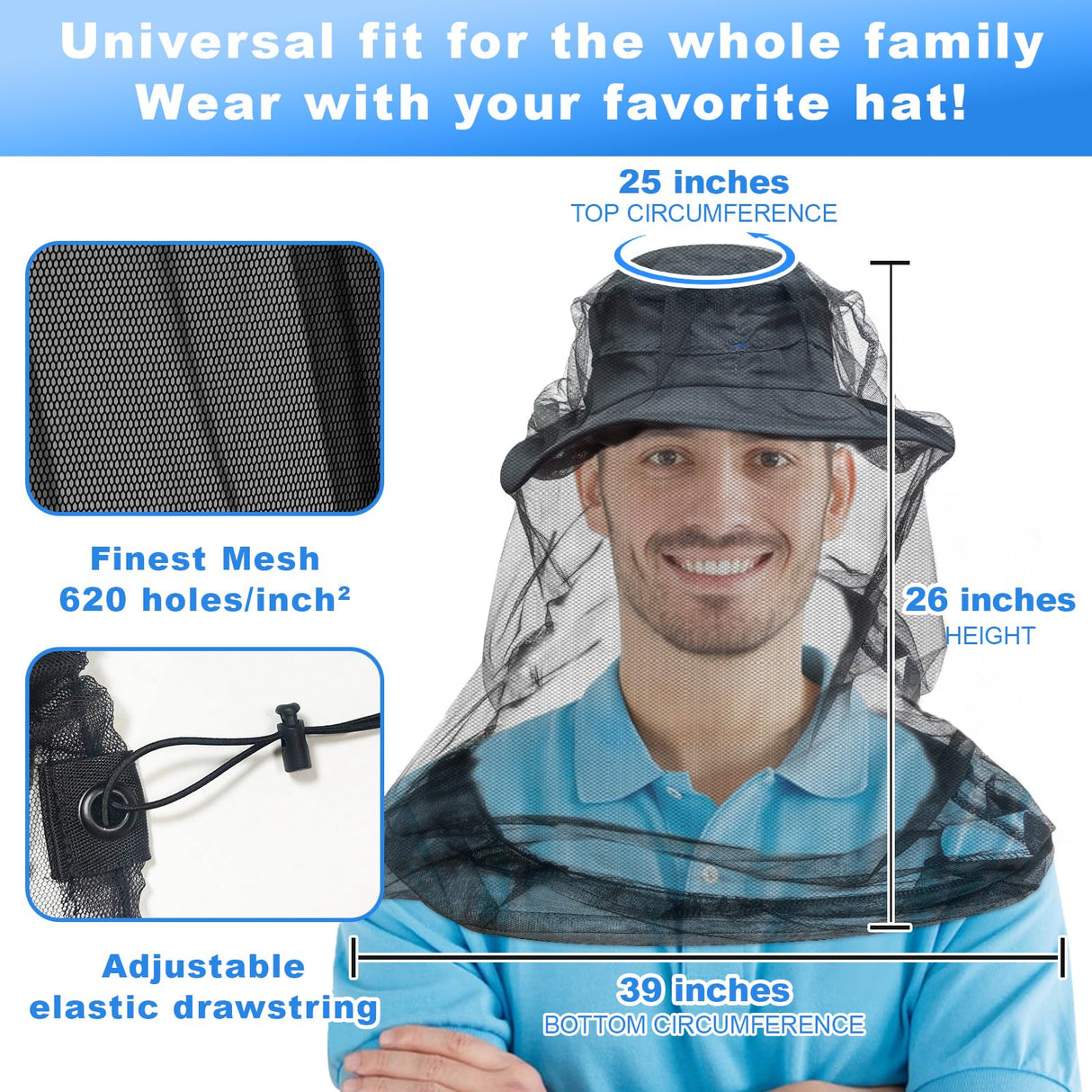 South to East Premium Mosquito Head Net for Insect, 4 Pack, Fly & Bug Protection | Ultra Large & Long, Extra Fine Holes for Camping, Hiking, Fishing, Gardening, Safari, Fits All Hats for Men & Women