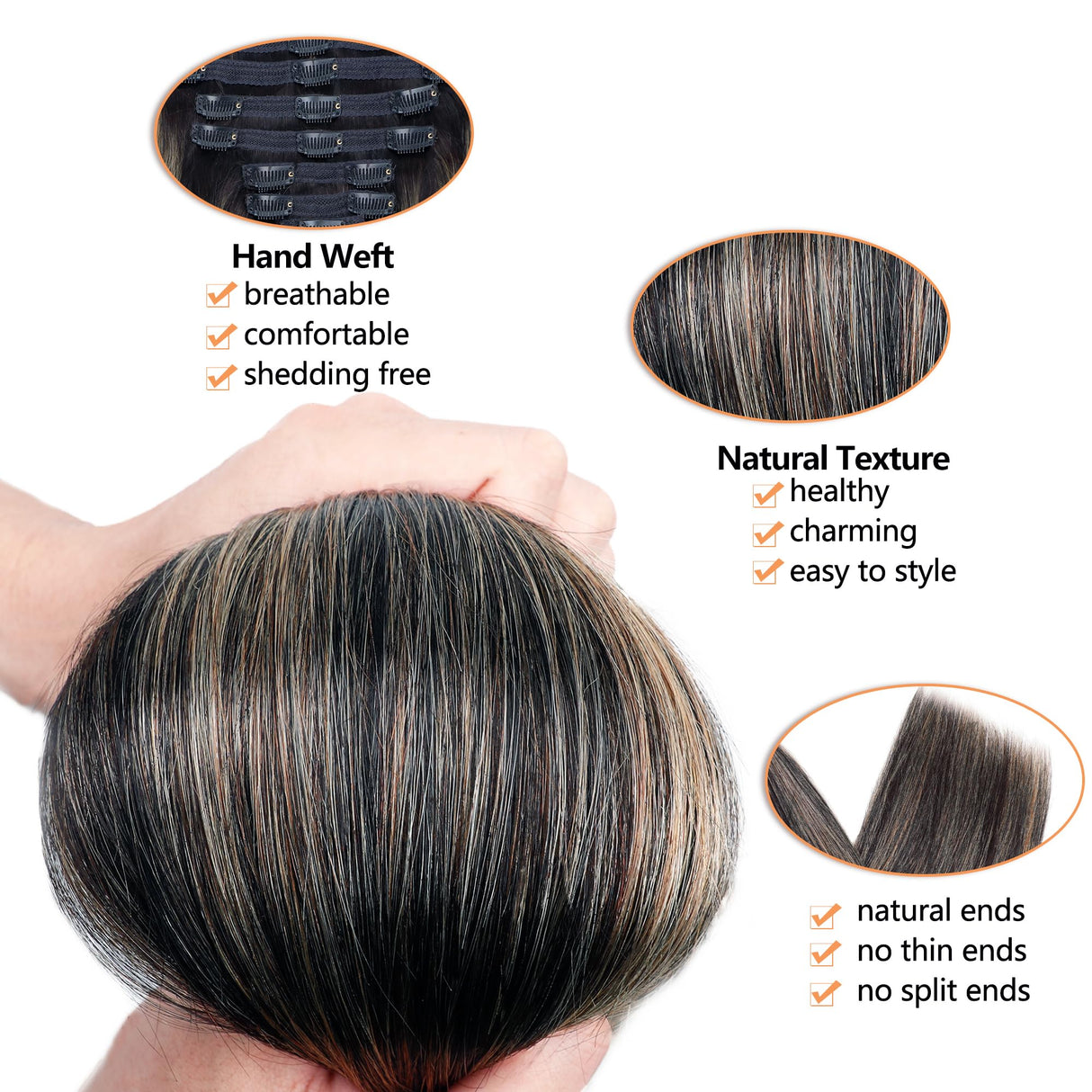 FB27 Balayage Clip In Hair Extensions Real Human Hair Straight Ombre Clip In Black to Blonde Human Hair Extensions Highlight Clip ins Remy Hair for Women 8Pcs with 18Clips Lace Weft 120g 18inch