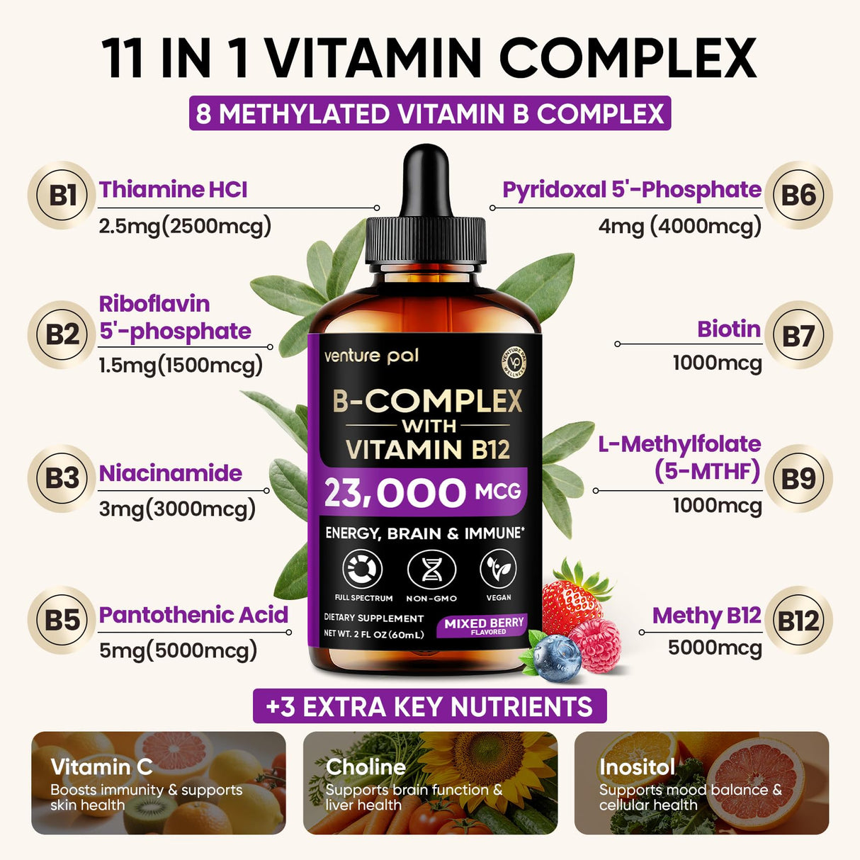 Venture Pal Vitamin B Complex Liquid Drops, B12 Methylcobalamin | B9 Folic | B1,B2,B3,B5,B6,B16 - Vitamin C, Choline, Inositol, Immune & Energy Metabolism, Brain & Heart Support