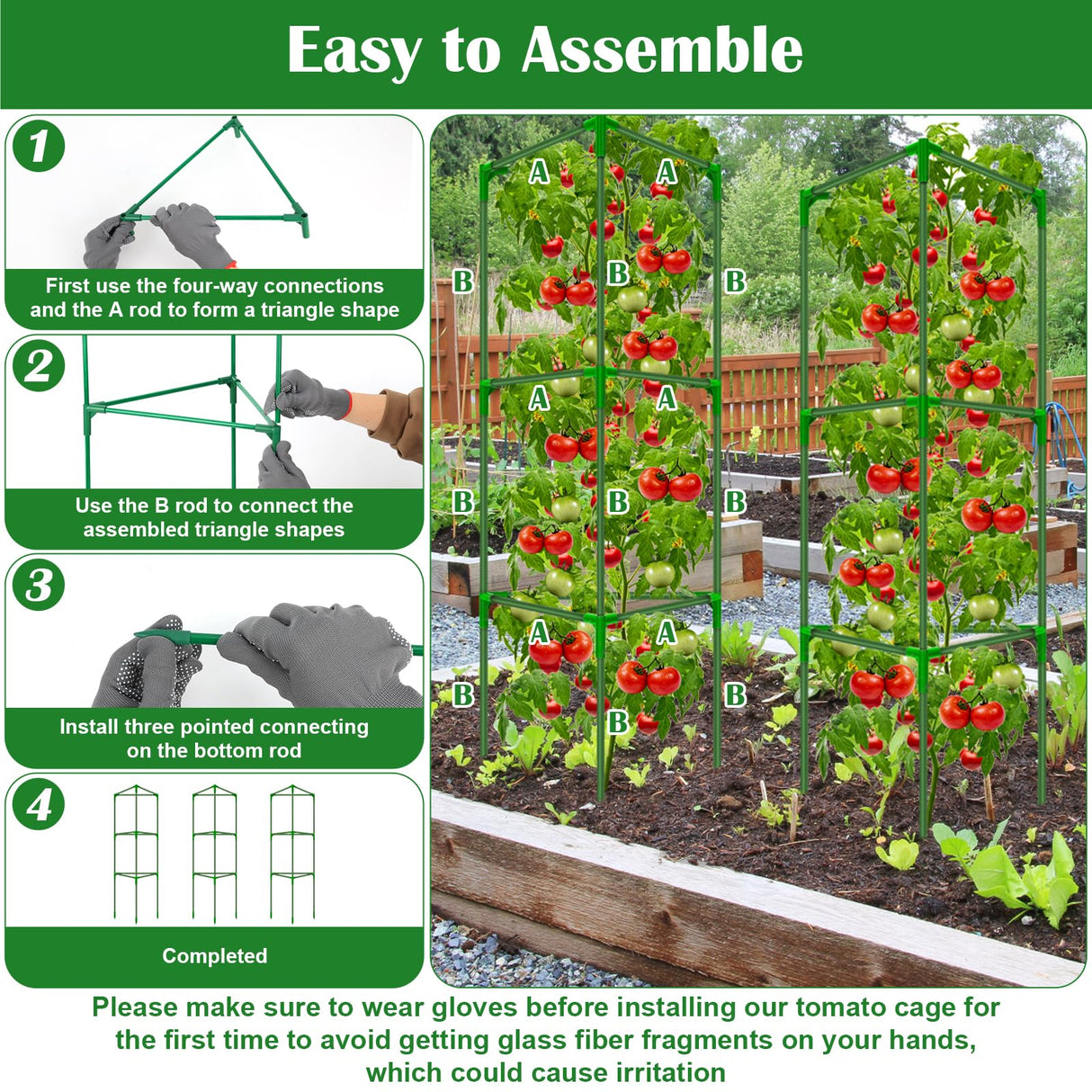 3 Packs Fiberglass Tomato Cages for Garden, 56 Inch Tall Tomato Plant Support, Adjustable Tomatoes Stakes Plant Climbing Trellis for Garden Vegetables Fruits, Tomatoes Support Cages with Clips