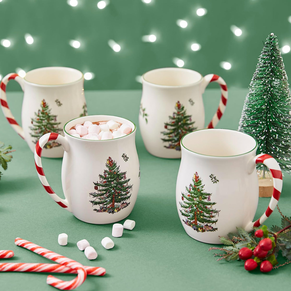 Spode Christmas Tree 14 oz Holiday Mugs (Set of 4) - Festive Coffee Cups with Peppermint Candy Cane Handle, Stoneware Christmas Drinkware Ideal for Hot Cocoa, Holiday Tea & Winter Beverages