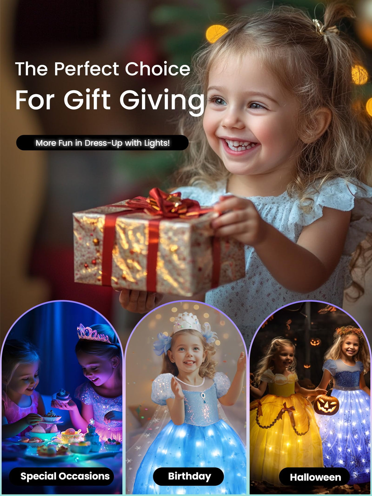 UPORPOR Princess Dresses for Girls Toddler Princess Costume Dress Up Clothes for Girls Halloween Costume with Cape for Christmas, Birthday, Party, LED Light No Assembly Needed, 110