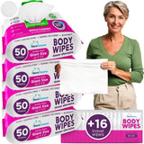 XL Body Wash Wipes for Adults Bathing No Rinse & Elderly Incontinence (4pk) - 200 Ct. + 16 Travel Bath Wipes - 9"x12" Disposable Washcloths for Adult Surgery Recovery Supplies & Elder Care Products
