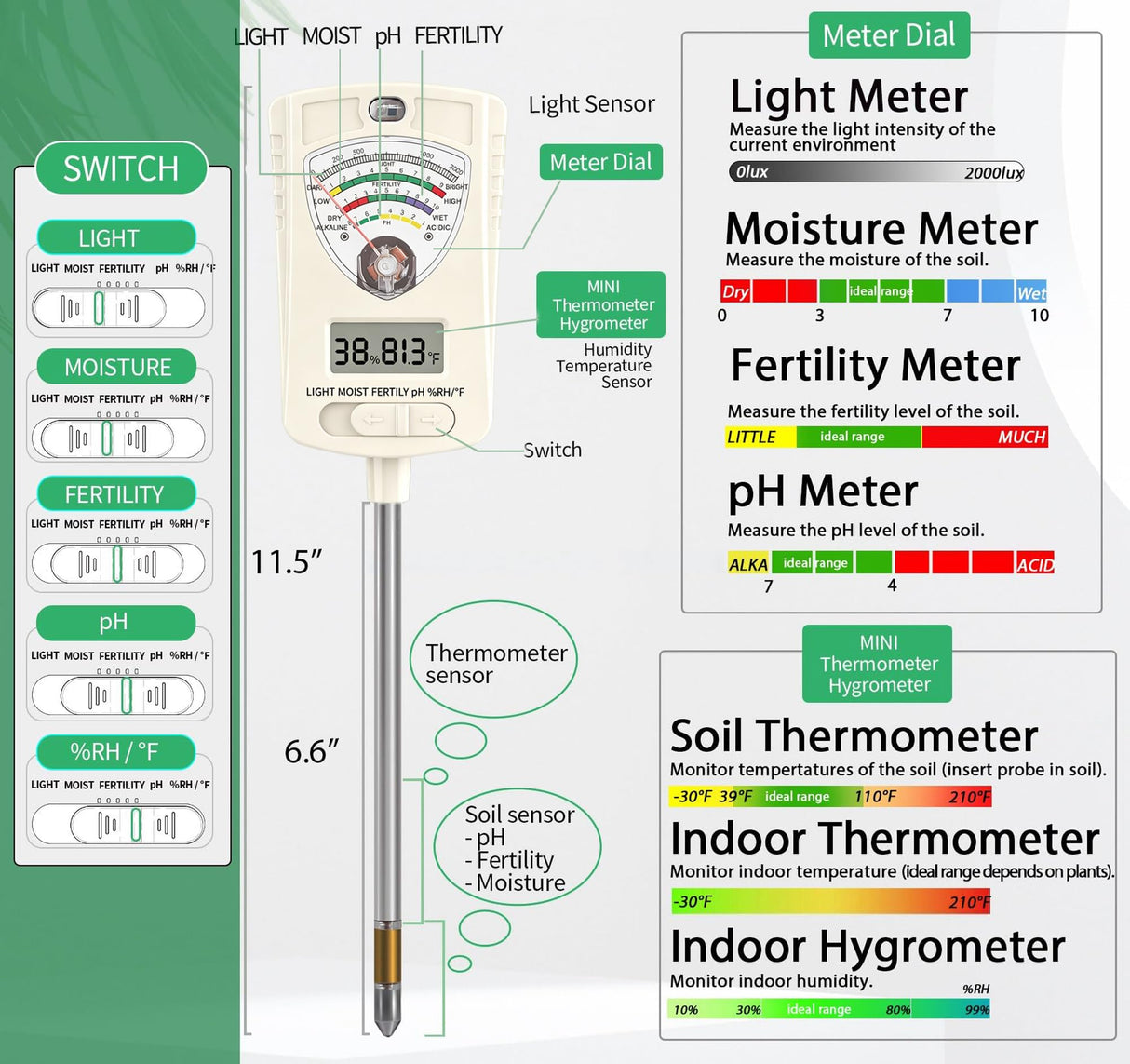Soil Test Kit, 7-in-1 Soil Moisture Meter, Dual Screen Soil Tester, Moisture/pH/Temperature/Sunlight/Air Humidity/Fertility, Perfect for Farming, Gardening, Lawns, Outdoor-Lvory White