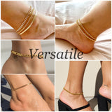 DEARMAY 14K Gold Plated Anklets Waterproof Ankle Bracelets for Women Cuban Link Anklet Bracelets Cute Figaro Paperclip Rope Herringbone Set Jewelry