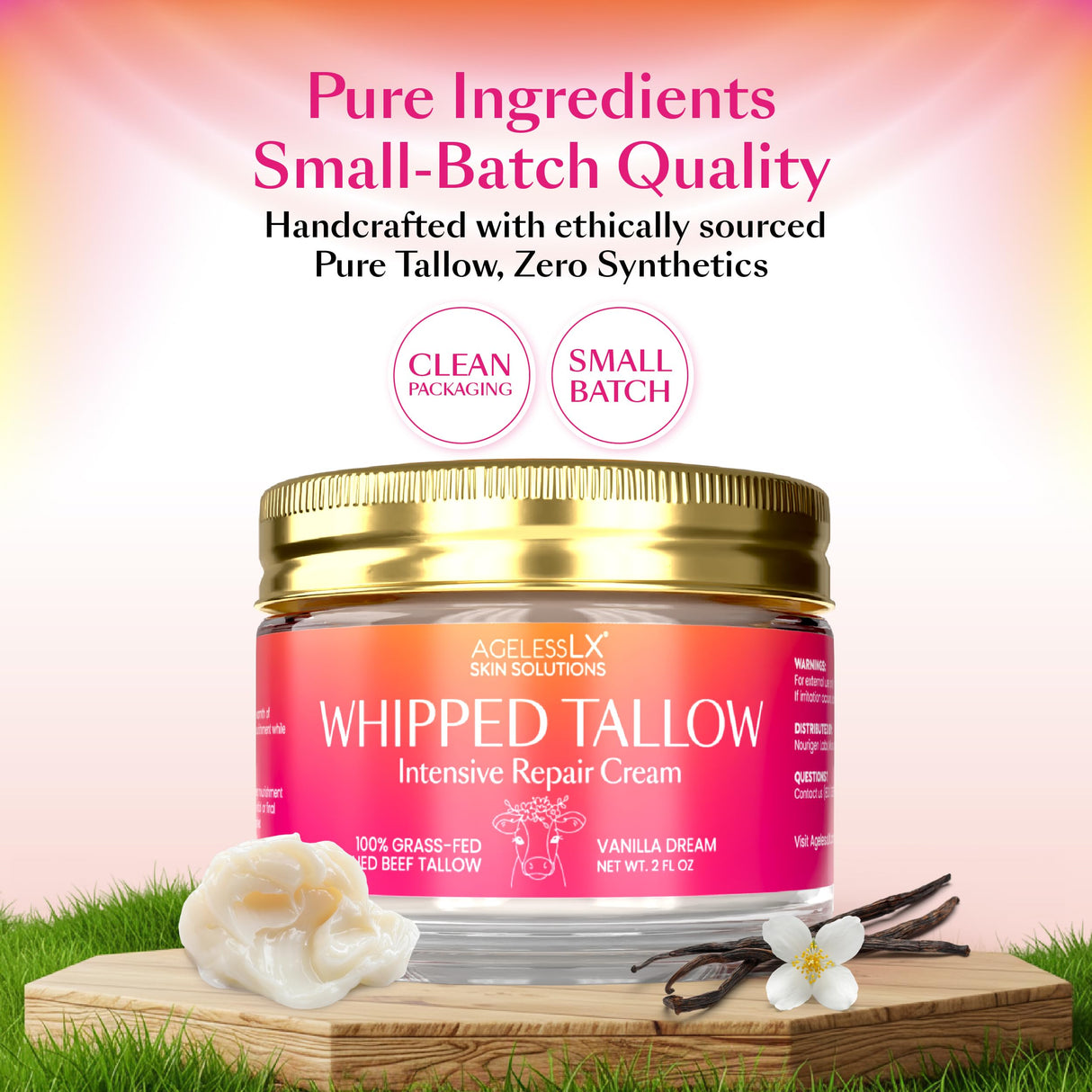 100% Grass Fed Beef Tallow for Skin - Face and Body - No Oils Added, Whipped Tallow Balm - Deep Hydration and Skin Repair - Vanilla Essence - Soothes Dry Skin and Irritation - Fast-Absorbing