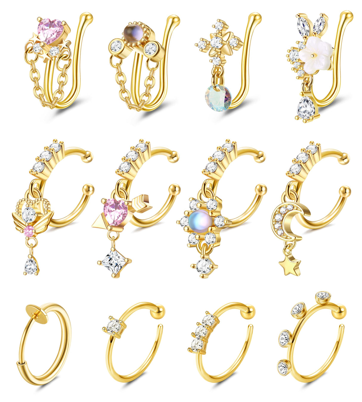 Florideco 12Pcs Nose Cuff Fake Nose Ring Hoop Clip on Nose Rings CZ Dangle Cartilage Tragus Ring Nose Cuff Non Piercing for Women Men Gold