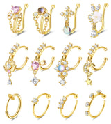 Florideco 12Pcs Nose Cuff Fake Nose Ring Hoop Clip on Nose Rings CZ Dangle Cartilage Tragus Ring Nose Cuff Non Piercing for Women Men Gold