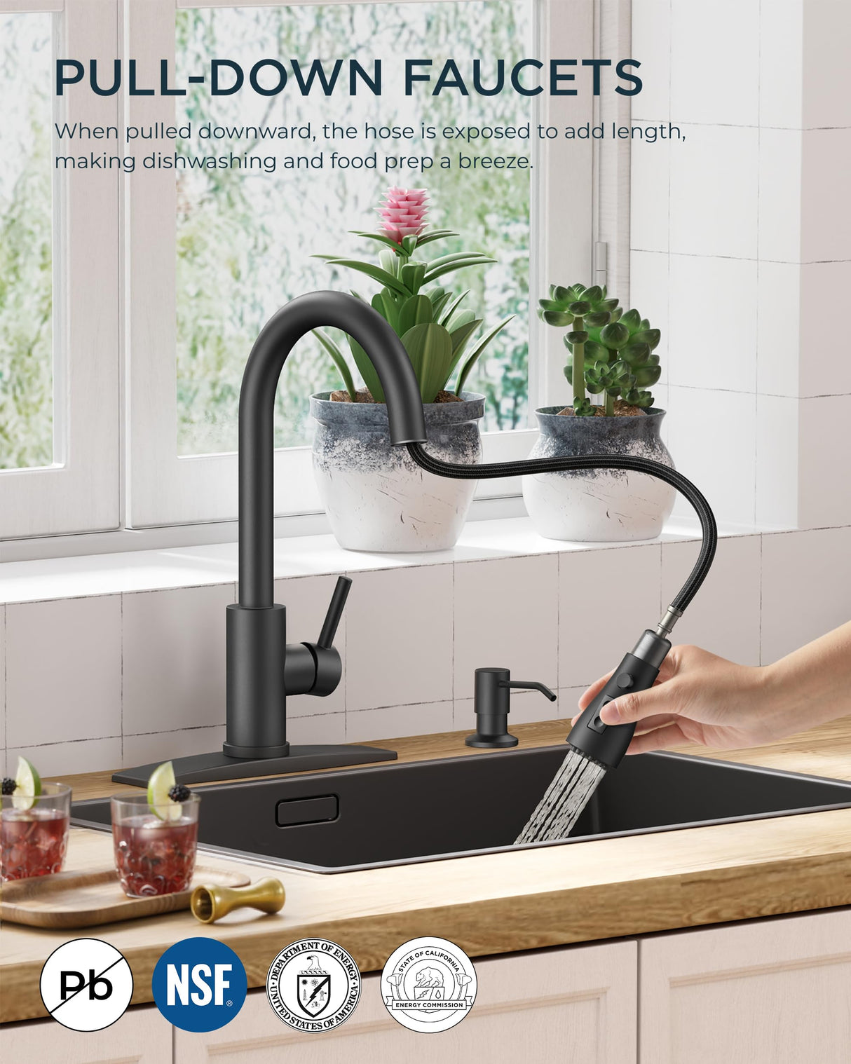 FORIOUS Black Kitchen Faucet with Soap Dispenser and Pull Down Sprayer, Bar High Arc Single Handle Classic 3 Modes Stainless Steel Faucet for Kitchen Sink Farmhouse RV Laundry Camper