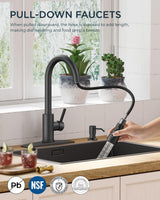 FORIOUS Black Kitchen Faucet with Soap Dispenser and Pull Down Sprayer, Bar High Arc Single Handle Classic 3 Modes Stainless Steel Faucet for Kitchen Sink Farmhouse RV Laundry Camper