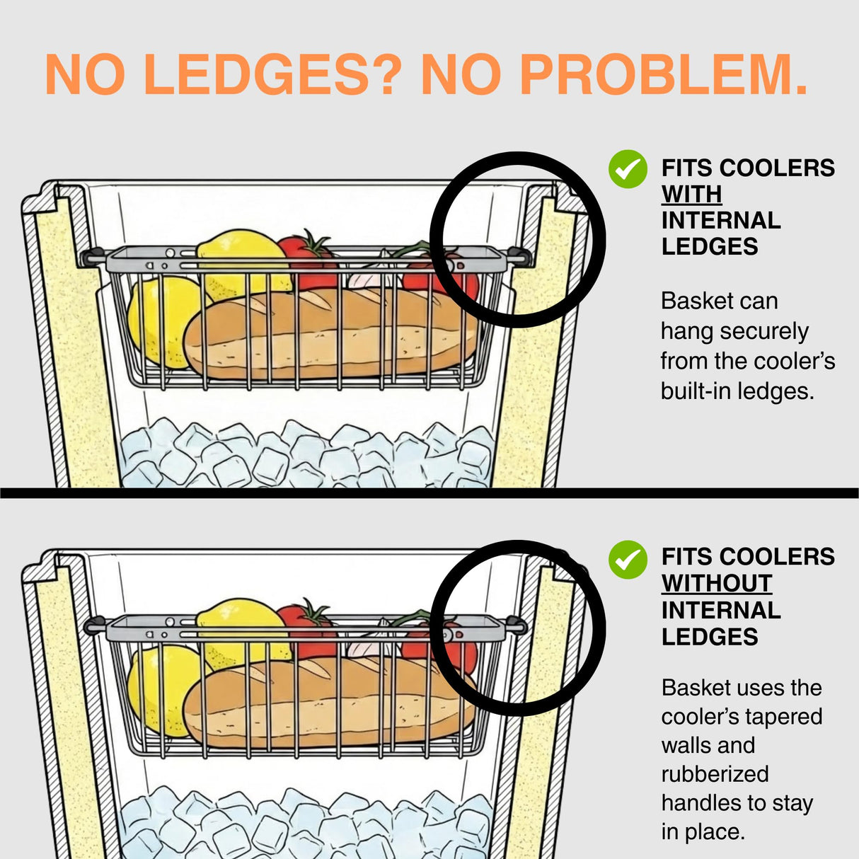 Adjustable Cooler Basket - Expands 11.75" to 18.5" - Non-Slip Rubber Handles, Universal Insert for Full Size Ice Chests, Dry Goods Tray Cooler Accessory - Fits Igloo, Coleman, Lifetime, Pelican, More