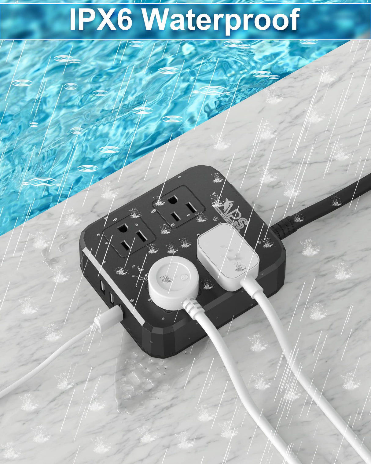Outdoor Power Strip Weatherproof, Waterproof Surge Protector with 4 Wide Outlet with 3 USB Ports, 6FT Long Extension Cord,1875W Overload Protection，Outlet Extender for Christmas Lights ETL Black