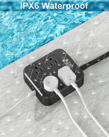 Outdoor Power Strip Weatherproof, Waterproof Surge Protector with 4 Wide Outlet with 3 USB Ports, 6FT Long Extension Cord,1875W Overload Protection，Outlet Extender for Christmas Lights ETL Black