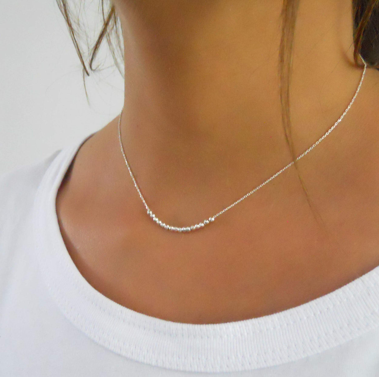 Annika Bella Silver Beaded Necklace for Women, Dainty 16 Faceted Beads Bar Pendant, Waterproof Tarnish Resistant Jewelry, 15" + 2" Extender, Gift for Her