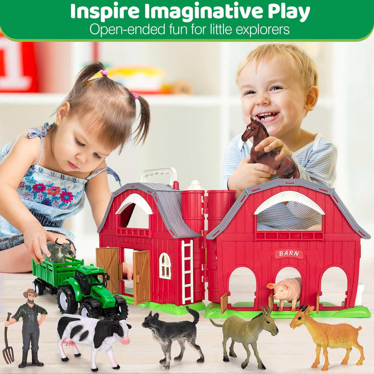 Farm Animals Toys for 1 2 3 4 5 Year Old Toddlers Girls Boys, Big Red Barn Farm with Figures Animals and Tractor Toy for Kids, Farm Playset Educational Learning Toys, Ideal Christmas Birthday Gifts