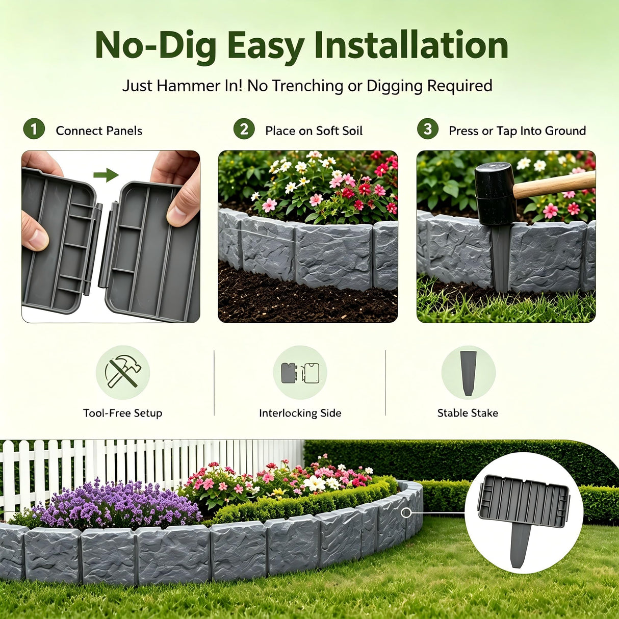 20PCS Imitation Stone Garden Fence, Faux Stone Edging for Landscaping,Plastic Retaining Edging Border for Flower Beds,Interlocking Landscape Edging,No Dig Decorative Lawn Border(Gery)