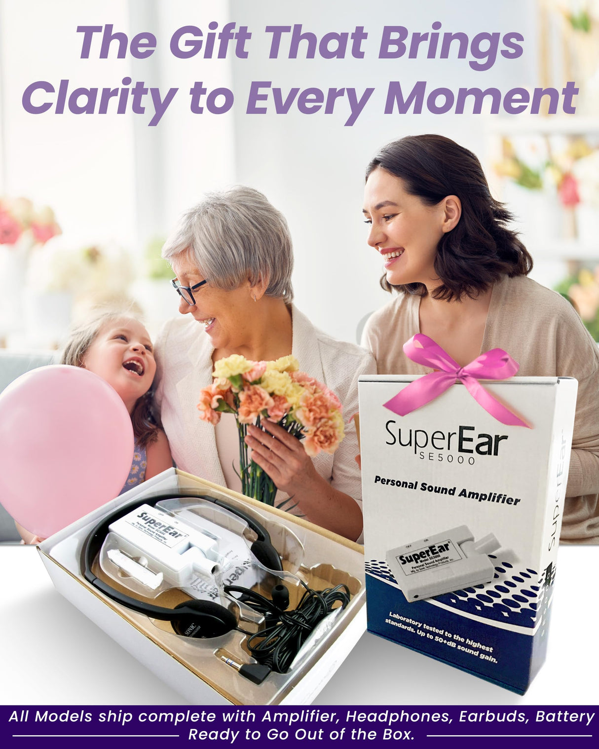 SuperEar Personal Sound Amplifier Model SE5000 (PSAP), 50dB Gain, Hand Held Pocket Size Audio Amplifier with Headphones, EarBuds, Tactile On/Off Volume Control for Adults, Audiologists, and Seniors