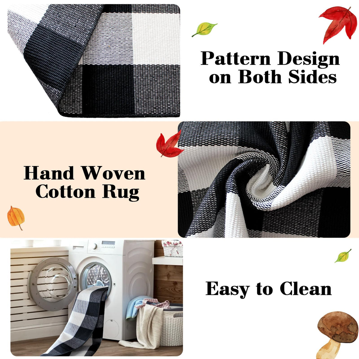 2 Pcs Fall Door Mat Combo Set Imitation Coir Welcome Mat, 43" x 28" Buffalo Plaid Rug Outdoor for Fall Halloween Thanksgiving Rustic Farmhouse Indoor Autumn Mats Hello Pumpkin (Black and White Plaid)